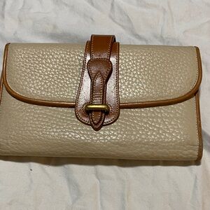Dooney & Bourke Cream Pebbled Leather Clutch with Tan Trim